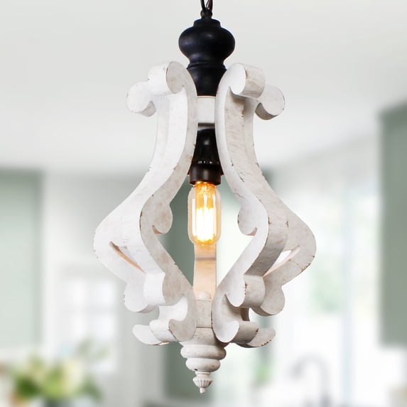 Cusp Barn Farmhouse Light Fixtures Chandelier 1-Light Rustic Wood Pendant Light with Adjustable Chain for Kitchen Island Distressed White