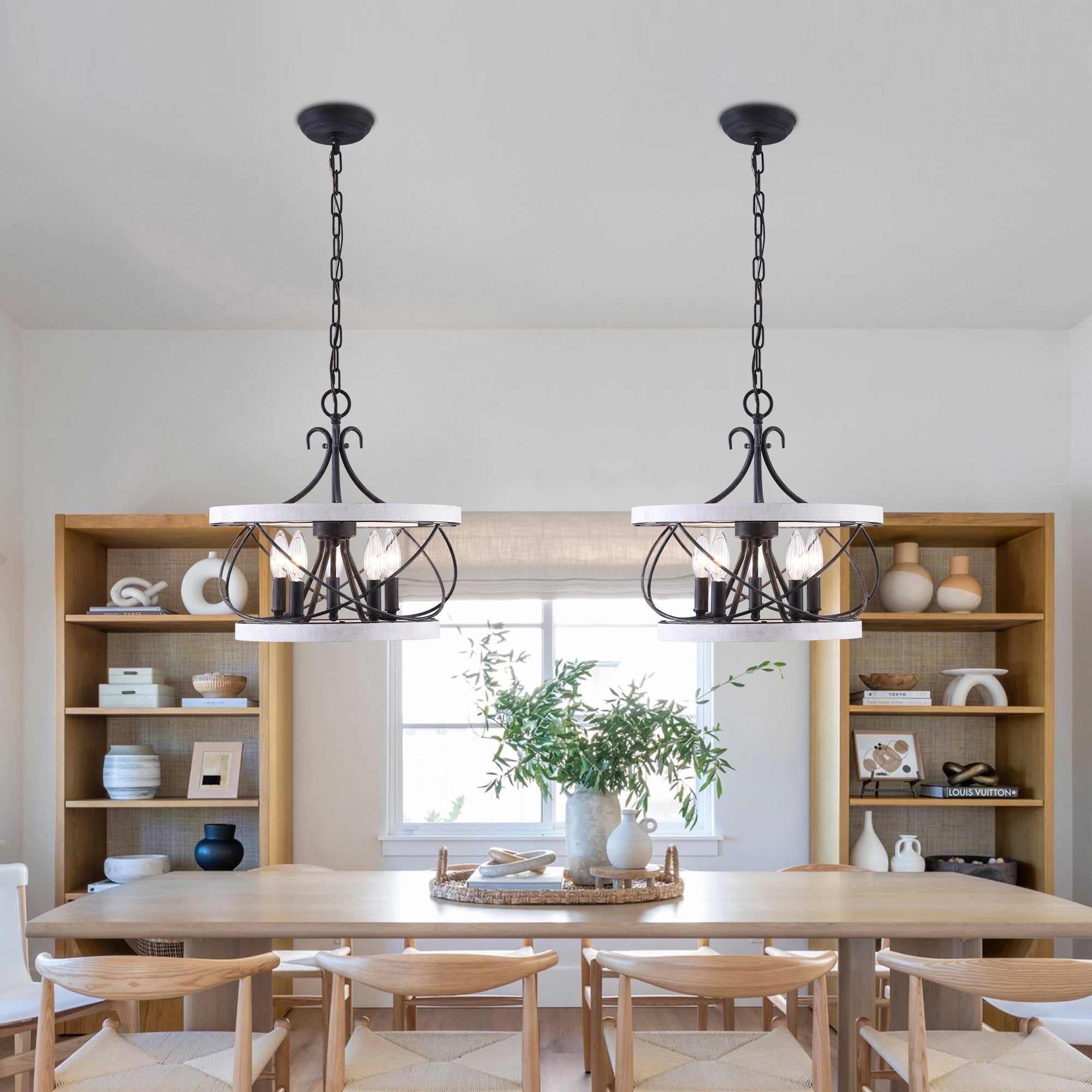 Cusp Barn 5 Light French Country Wooden Chandelier, Farmhouse Hanging Light for Kitchen Island and Living Room