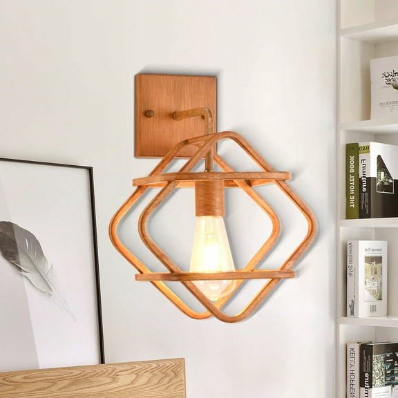 Cusp Barn Farmhouse Wood Grain Metal Wall Sconces, Retro Rhomboid Wall Light, Geometric Bedside Wall Mount Sconces for Bedroom