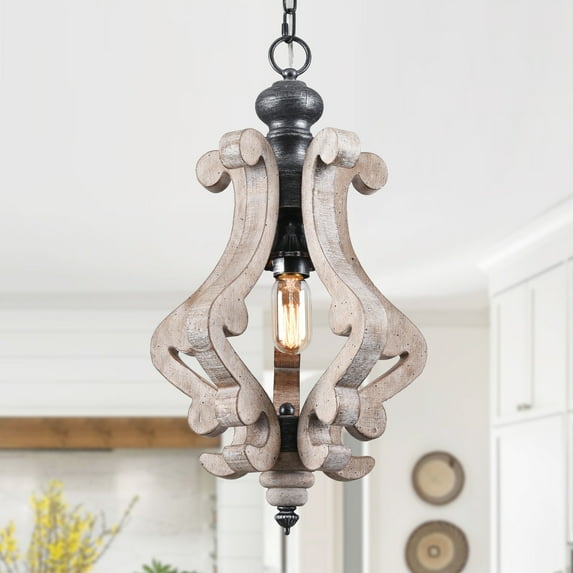 Cusp Barn French Country Wood Chandelier with 1 Candle Light Weathered Finish Adjustable Chain for Kitchen and Dining Room