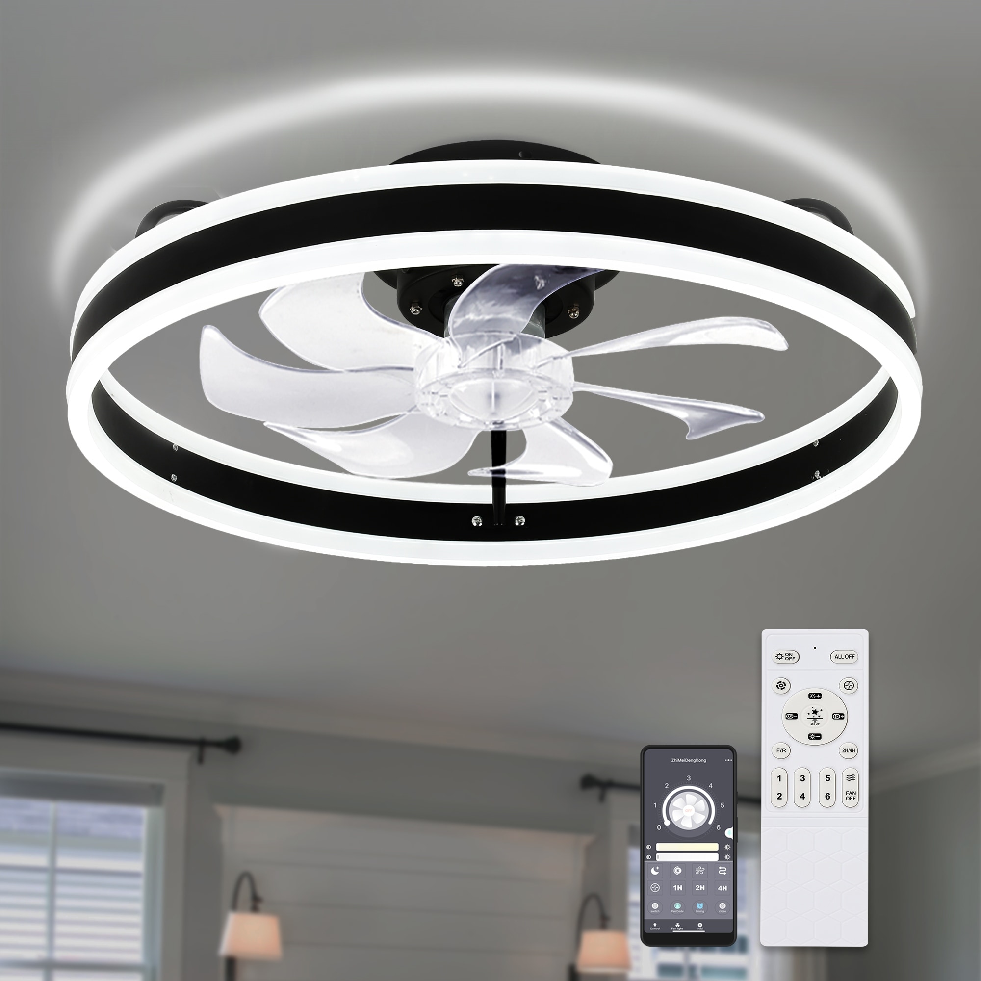 SabvioZh 19-Inch Caged Farmhouse Ceiling Fan With Light – Flush Mount, Remote Control, 6-Speed DC Motor, Ultra Quiet