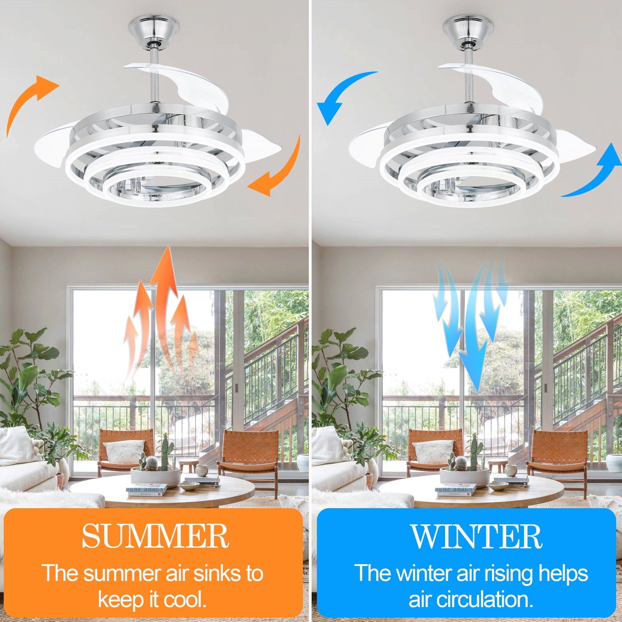 Chrome 42" Retractable Ceiling Fan with LED Lights and Remote