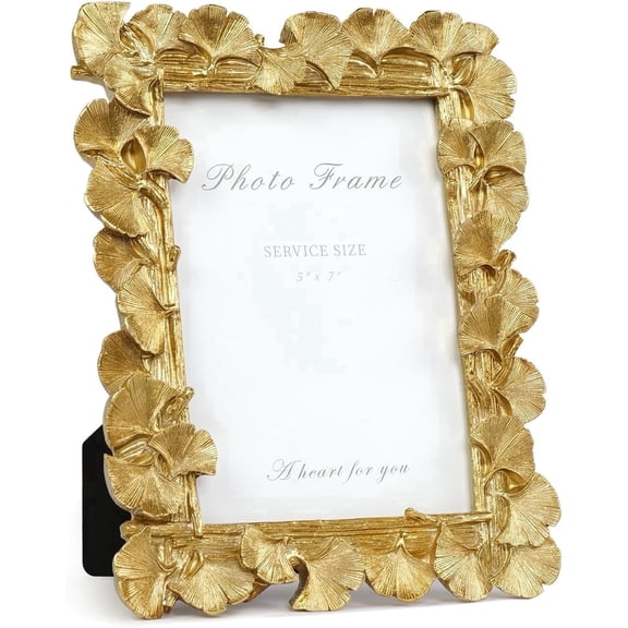 5x7 Picture Frame, Vintage Decor Gold Picture Frames, Vintage Picture Frames with HD Glass, Ornate Ginkgo Leaf Resin Photo Frame, Antique Gold Frames