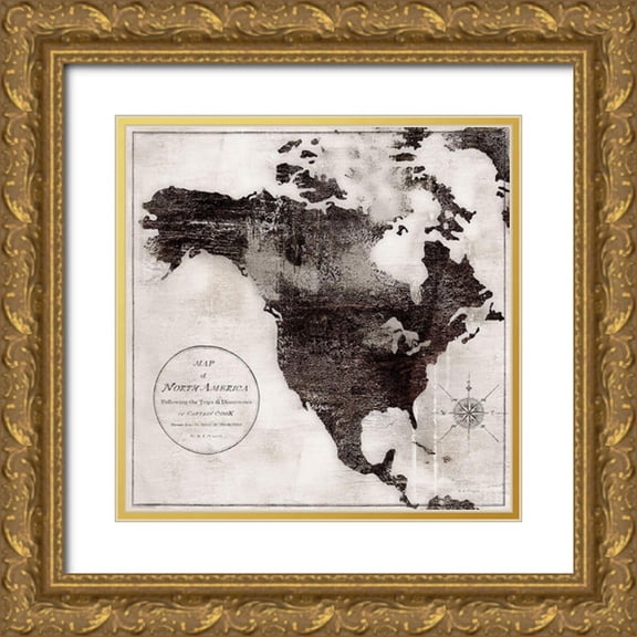 Cusson, Marie-Elaine 12x12 Gold Ornate Wood Framed with Double Matting Museum Art Print Titled - World Map Black and White IV-North America