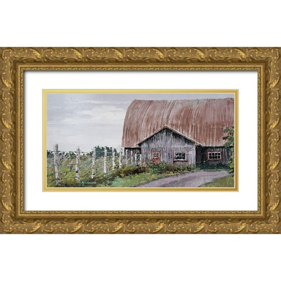 Cusson, Marie Elaine 18x11 Gold Ornate Wood Framed with Double Matting Museum Art Print Titled - Barn Perspective