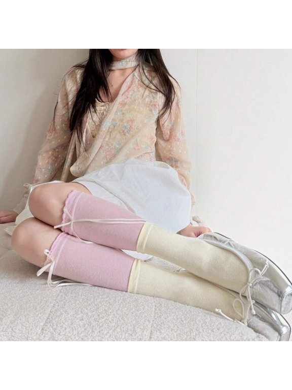 Custard Powder Pastel Color Block Slouch Calf Socks with Ruffle Trim