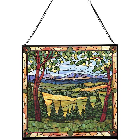 Custer National Forest Square Stained Glass Suncatcher size 8in, Scenic Landscape Window Hanging Panel, Nature Cabin Decor, Gift for Nature Lovers, Christmas Ornament