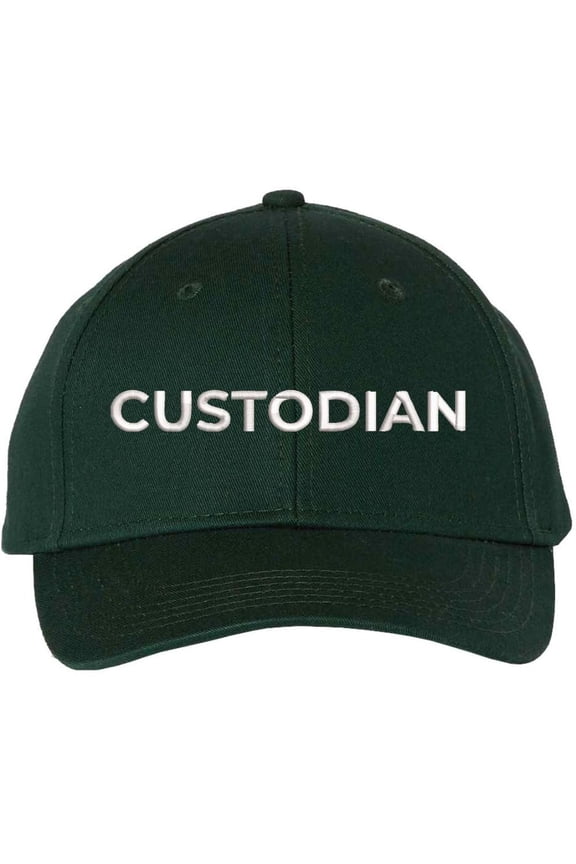 Custodian Embroidered Text Baseball Cap | Cleaning Crew Work Job Maintenance | Structured Hat (Forest/White)