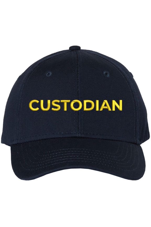 Custodian Embroidered Text Baseball Cap | Cleaning Crew Work Job Maintenance | Structured Hat (Navy/Gold)