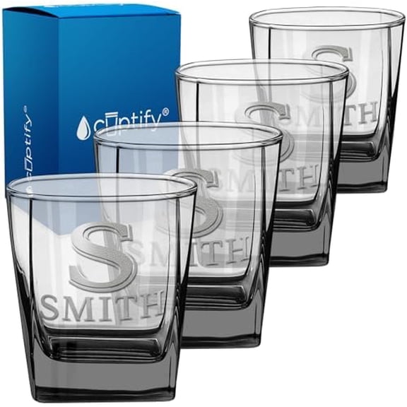 Custom 12 oz Monogrammed Whiskey Glass Set of 4 - Monogram Initial and Name - Black Bottom Personalized Etched Bourbon Glass - Double Old Fashioned Rocks Cocktail Glass - Gift for Men