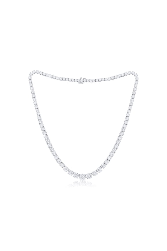 Custom 14k white gold graduated tennis necklace 20.00 cts round brilliant diamonds 93 stones 0.21 each set in a 4 prong setting FG color SI clarity. Excellent cut