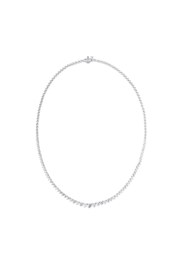 Custom 18k white gold graduated half way diamond tennis necklace containing 5.00 cts of round brilliant cut diamonds.Color FG SI clarity. Excellent cut