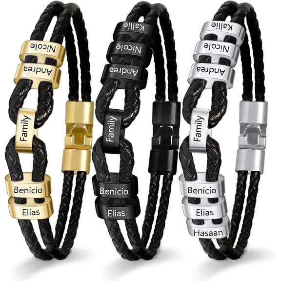 Custom 2-9 Name Engraved Leather Bracelet for Men Custom Leather Bracelet with Family Names Personalized Fathers Day Bracelet for Dad