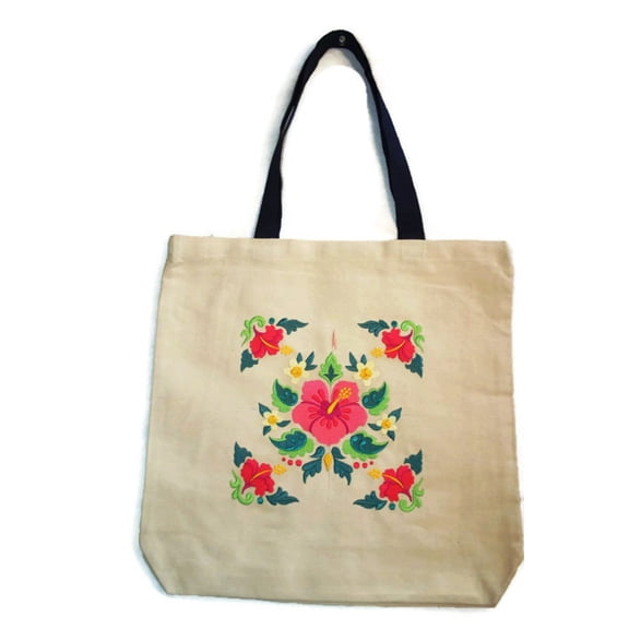 Custom 22" Embroidered Hibiscus & Tropical Frame HeavyDuty Canvas Tote/Beach Bag