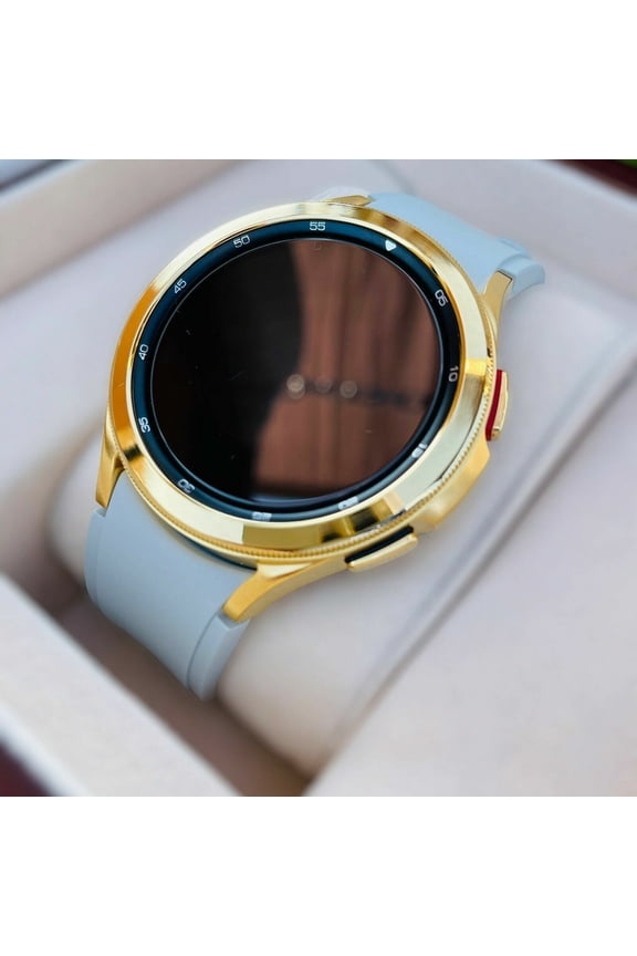 Custom 24k Gold Plated 42mm Samsung Galaxy Watch 4 POLISHED Gold Bezel Gray Band