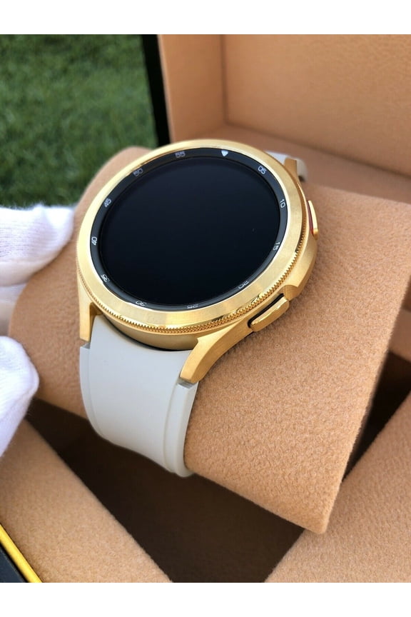 Custom 24k Gold Plated 46mm Samsung Galaxy Watch 4 with Silver Sport Band - Bluetooth Model
