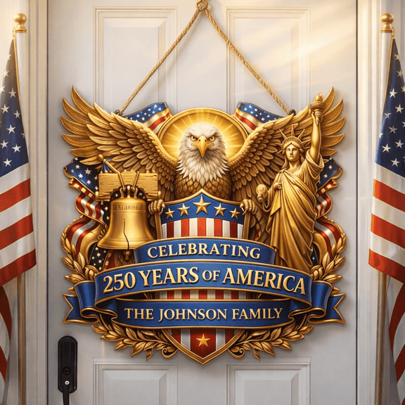 Custom 250th USA Anniversary Door Sign – Personalized Family Name Patriotic Wreath for Front Door | 4th of July Decorations, America 250 Years Celebration Outdoor Decor