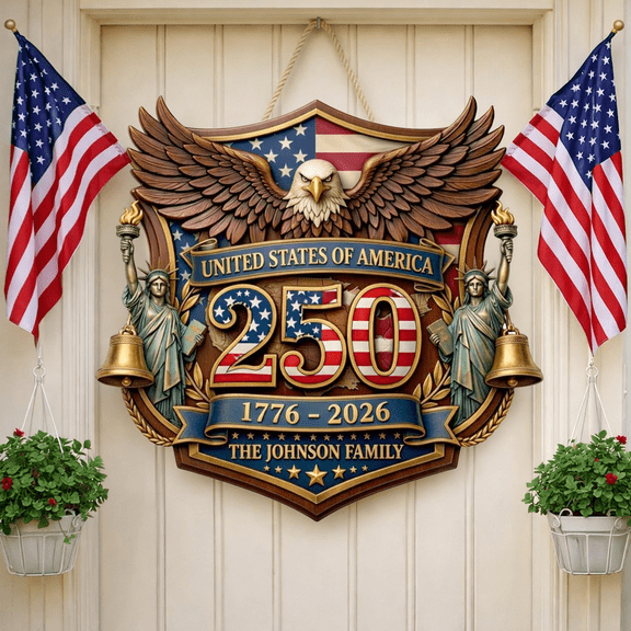 Custom 250th USA Anniversary Door Sign – Personalized Family Name Patriotic Wreath for Front Door | 4th of July Decorations, America 250 Years Celebration Outdoor Décor (14 x14 in)
