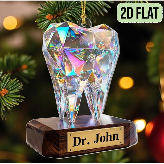Custom 2D Flat Tooth Acrylic Ornament, Faux Crystal Dental Christmas Tree Decor, Personalized Gift for Dentist Orthodontist Dental Student