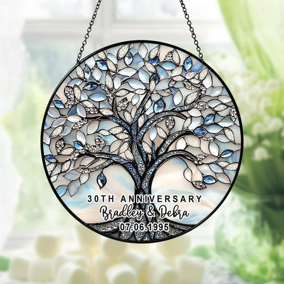 Custom 30th Wedding Anniversary Stained Glass Suncatcher, Tree of Life 30th Anniversary Gift, Wedding Anniversary Keepsake, Tree Glass Art