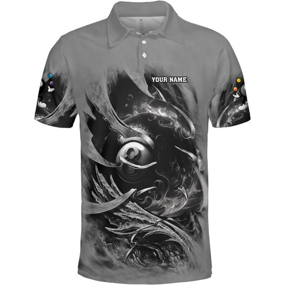 Custom 3D Billiard Polo Shirt Personalized Team Apparel 8 Ball Pool Design Funny Uniform Short Sleeve Gift to Billiard Lover (Grey, 5XL)