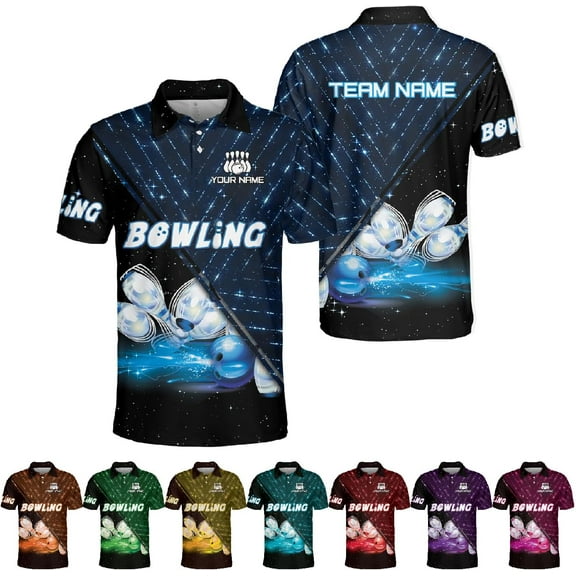 Custom 3D Bowling Polo Shirts for Men and Women Personalized Team Name Gift Unisex Customized Bowling Short Sleeve Polo Shirt (Blue, S)