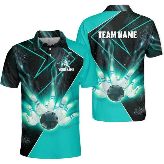 Custom 3D Bowling Polo Shirts for Men and Women Personalized Team Name Gift Unisex Customized Bowling Short Sleeve Polo Shirt (Cyan, 3XL)