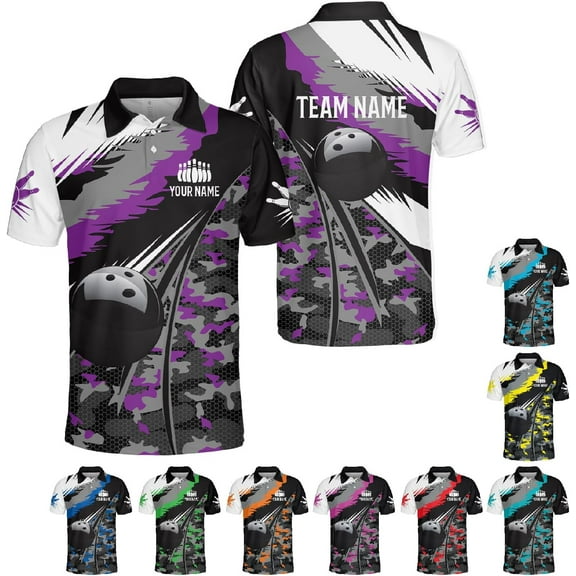 Custom 3D Bowling Polo Shirts for Men and Women Personalized Team Name Gift Unisex Customized Bowling Short Sleeve Polo Shirt (Purple, XL)