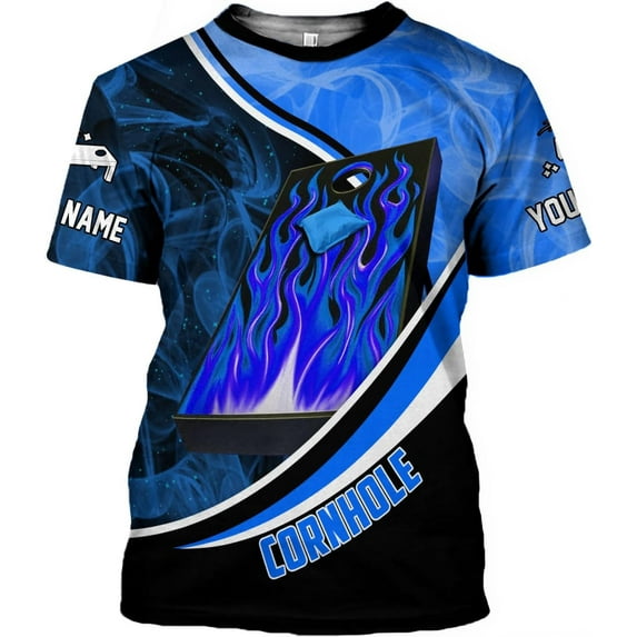 Custom 3D Cornhole T-Shirt Personalized Cornhole Team Uniform Gift for Men & Women Toss Game Board Bag Apparel (Blue, 2XL)