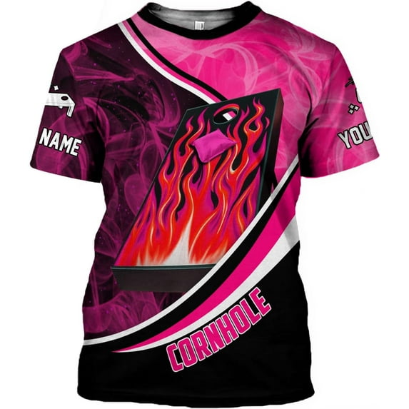 Custom 3D Cornhole T-Shirt Personalized Cornhole Team Uniform Gift for Men & Women Toss Game Board Bag Apparel (Pink, S)