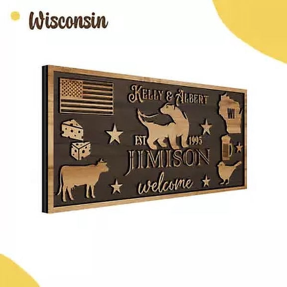 Custom 3D Wisconsin State Welcome Sign, Personalized Family Name Plaque