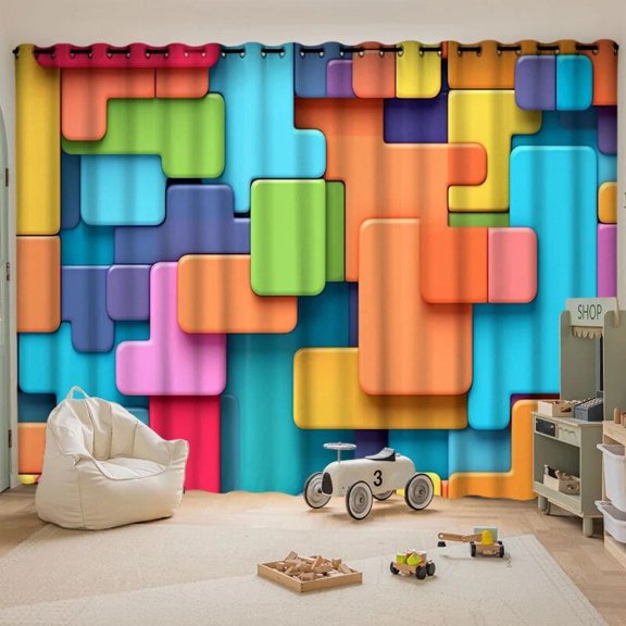 Custom 3d Visual Curtain Blackout Color Building Block Bedroom Main Image Hotel Live Insulation Background Curtain 2pcs