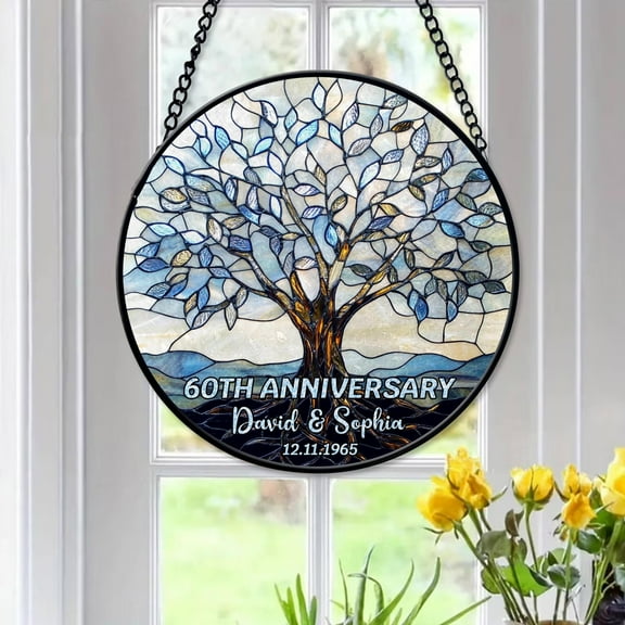 Custom 60th Wedding Anniversary Window Faux Stained Glass Suncatcher, Wedding Anniversary Keepsake, Diamond Wedding Anniversary Gift
