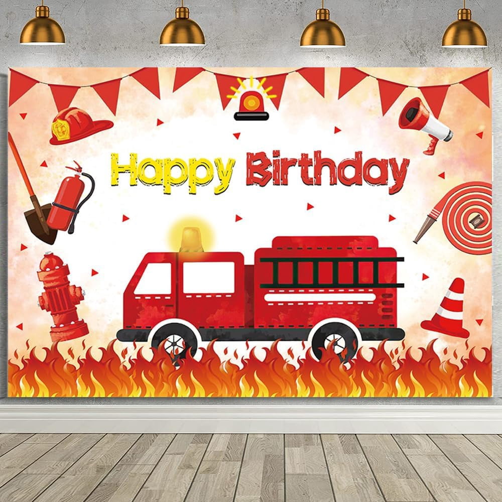 Lofaris Firetruck Birthday Backdrop - 70.8 X 43.3 Inch Firefighter Theme Party Decor For Boys & Girls