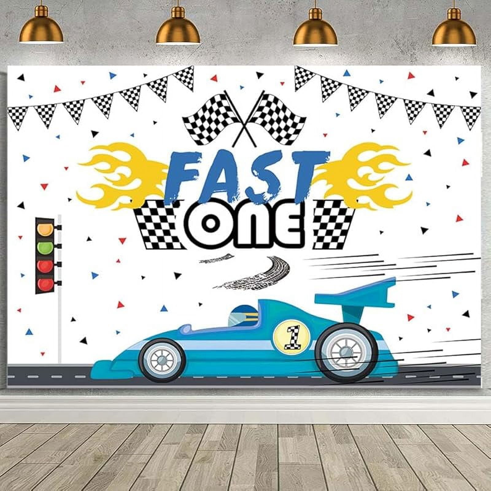 MEIKIUP 7x5ft Race Car 2nd Birthday Backdrop Banner - Two Fast Theme, Checkered Flag Decor - View #3