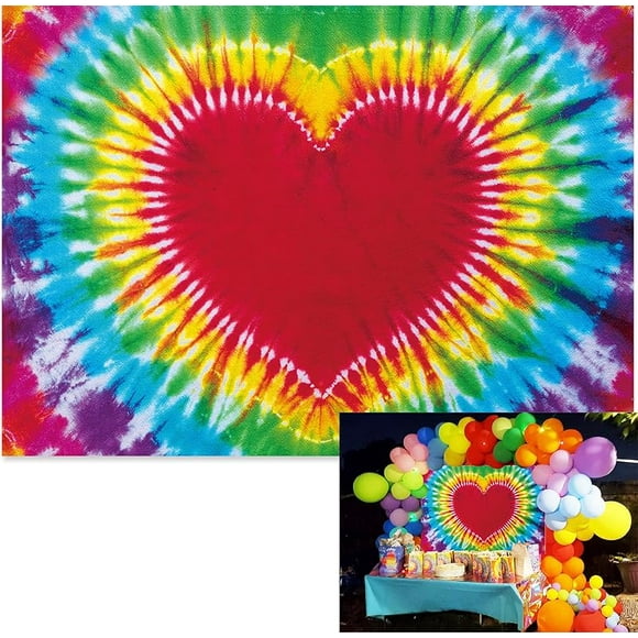 Custom 7x5ft Tie Dye Heart Hippie Backdrop Pride Day Dreamy Love Stylish Abstract Red Heart 60's Colorful Photography Background Makeup Birthday Carnival Party Pride Parades Photo Background