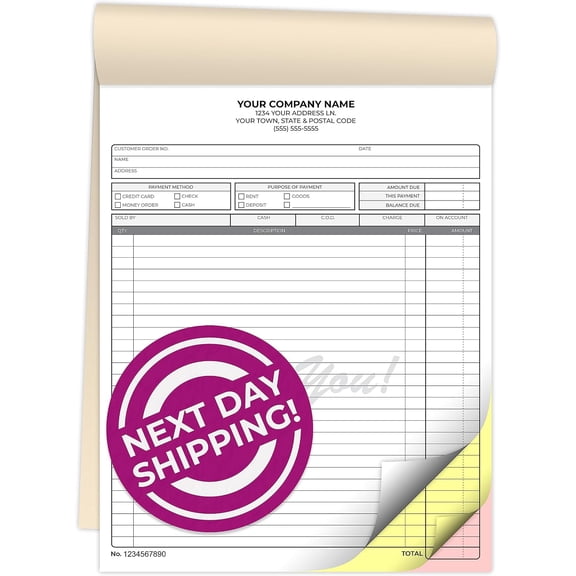 Custom 8.5" x 11" Carbonless NCR Books in 3-Part Triplicate Invoices, Receipts, Work Orders, Sales Orders, Purchase Orders, Estimates, Quote Forms with Your Company/Business Name (66 Sets)