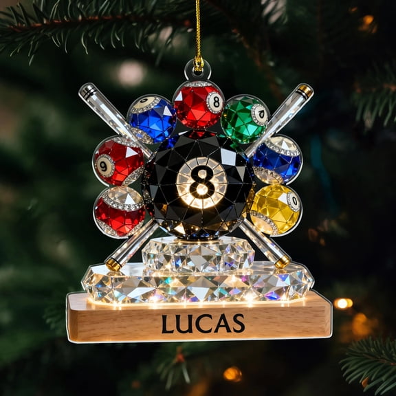 Custom 8 Ball Ornament , Acrylic Billiards Christmas Tree Decor with Name, Crystal Look Gift for Pool Lovers & Cue Sports Fans