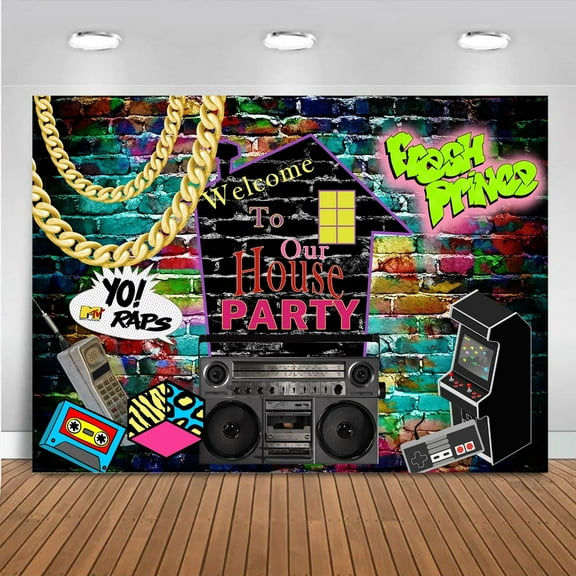 Custom 90s House Party Backdrop Hip Hop 80's 90's Theme Party Decorations Graffiti Brick Wall Fresh Prince Retro Music Rock Punk 90s Background Banner Photo Studio Props(7x5ft)