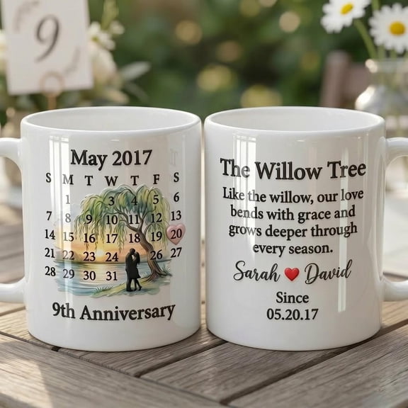 Custom 9th Anniversary Willow Tree Mug, Personalized Wedding Gift, Lasting Love Coffee Cup