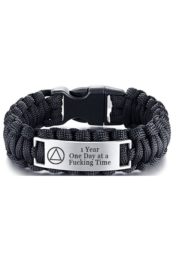 Custom AA NA Sobriety 1 Year Anniversary Gifts,Personalized Survival Paracord Sobriety Bracelet Bangle,Drugs Alchohol Addiction Recovery Jewelry Presents for Men,One Day at a Time,9 Inch,Black