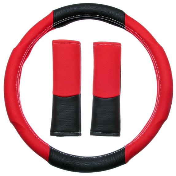 Custom Accessories Steering Wheel Cover and Seat Belt Pads 3Pc. Red/Black