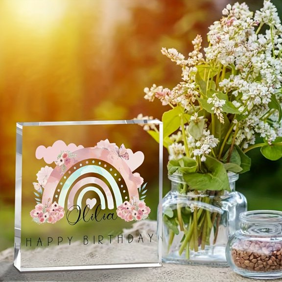 Custom Acrylic Birthday Commemorative Plaque 3.9X3.9 Inch Transparent Personalized Name Pink Rainbow Floral Design Tabletop Ornament Collectible Birthday Gift For Friends Family Home Office Decor