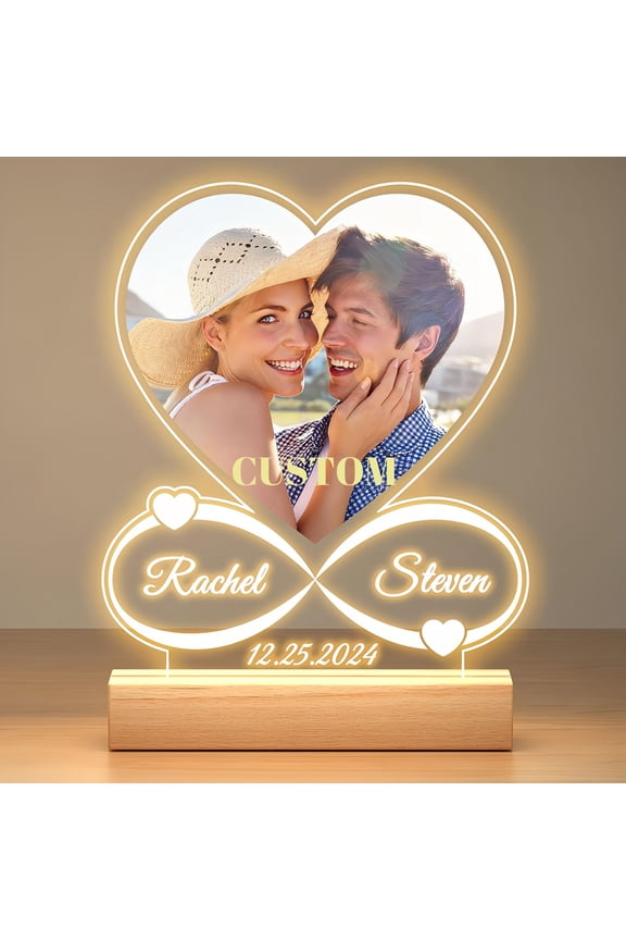 Custom Acrylic Photo Frame with Wooden Night Light Base, Personalized Anniversary and Wedding Gift for Couples