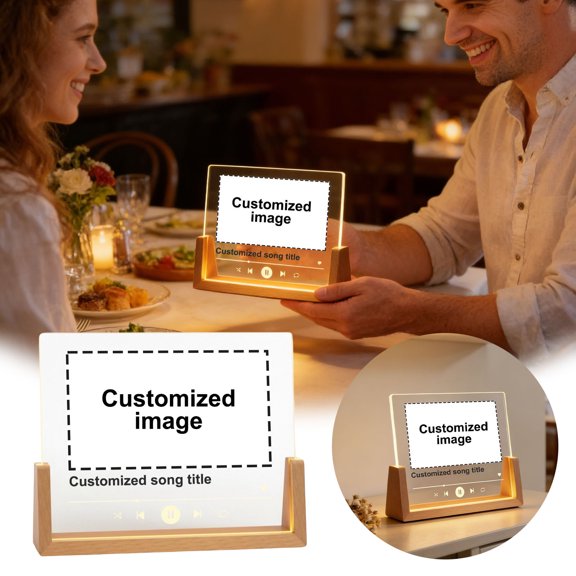 Custom Acrylic Photo Plaque with Wooden Base Personalized Image Song Plaque LED Night Light for Couples Wife Husband Anniversary Mother's Day Graduation Season and Holiday Gifting