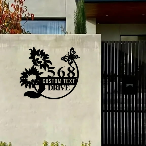 Custom Address Sign, Outdoor Modern House Number Name Plaques, Personalized Flower Butterfly Metal Wall Art Decoration Housewarming Gift