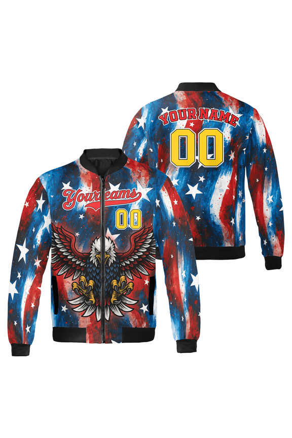 Custom American Flag Eagle Bomber Jacket – Personalized Name & Number – USA Patriotic Men's Zip-Up Coat