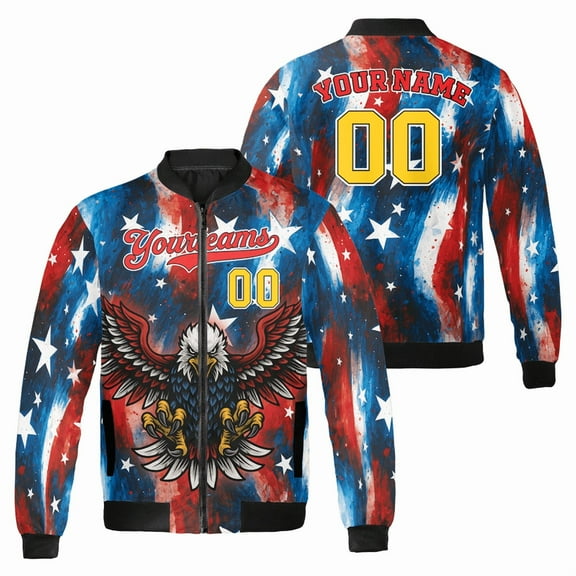 Custom American Flag Eagle Bomber Jacket – Personalized Name & Number – USA Patriotic Men's Zip-Up Coat