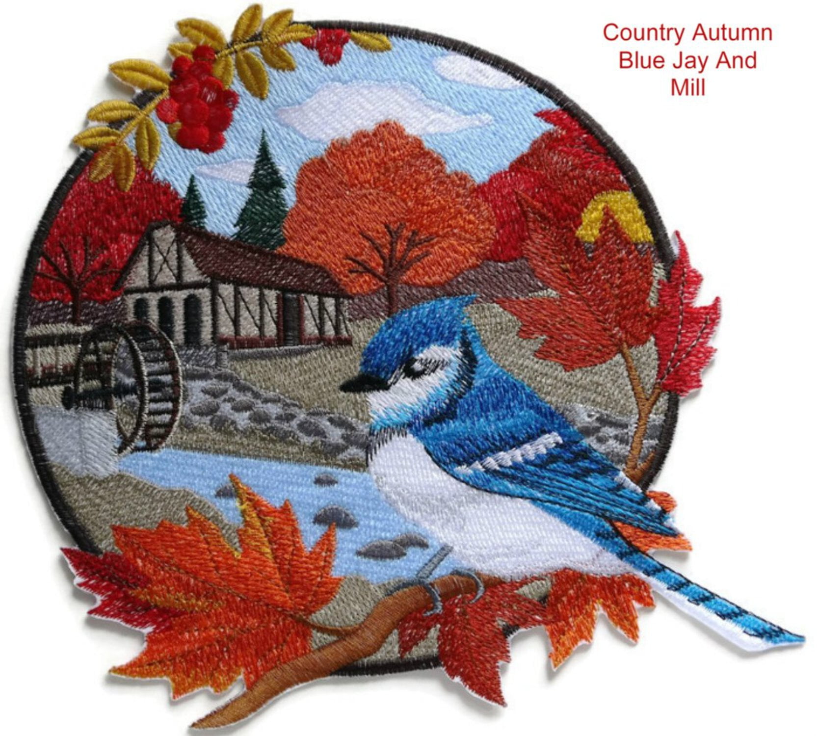 Custom And Unique Country Autumn Blue Jay And Mill Embroidered Iron on/Sew patch [9"8.5"]