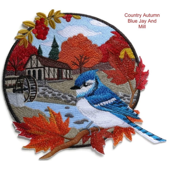 Custom And Unique Country Autumn Blue Jay And Mill Embroidered Iron on/Sew patch [9"8.5"]